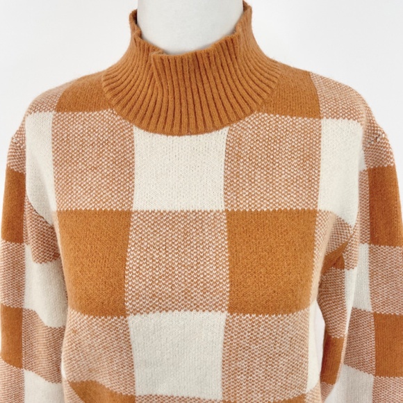 New Callahan Gingham Plaid Knit Mock Neck Sweater Orange Ivory Size Medium - Picture 4 of 13